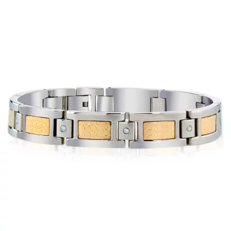 Men'S Diamond Bracelet in Stainless Steel with 18K Yellow Gold Accent
