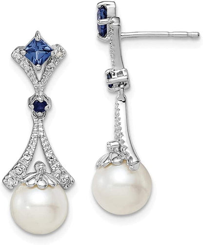 925 Sterling Silver Dangle Polished Post Earrings Rhodium Plated Diamond Freshwa