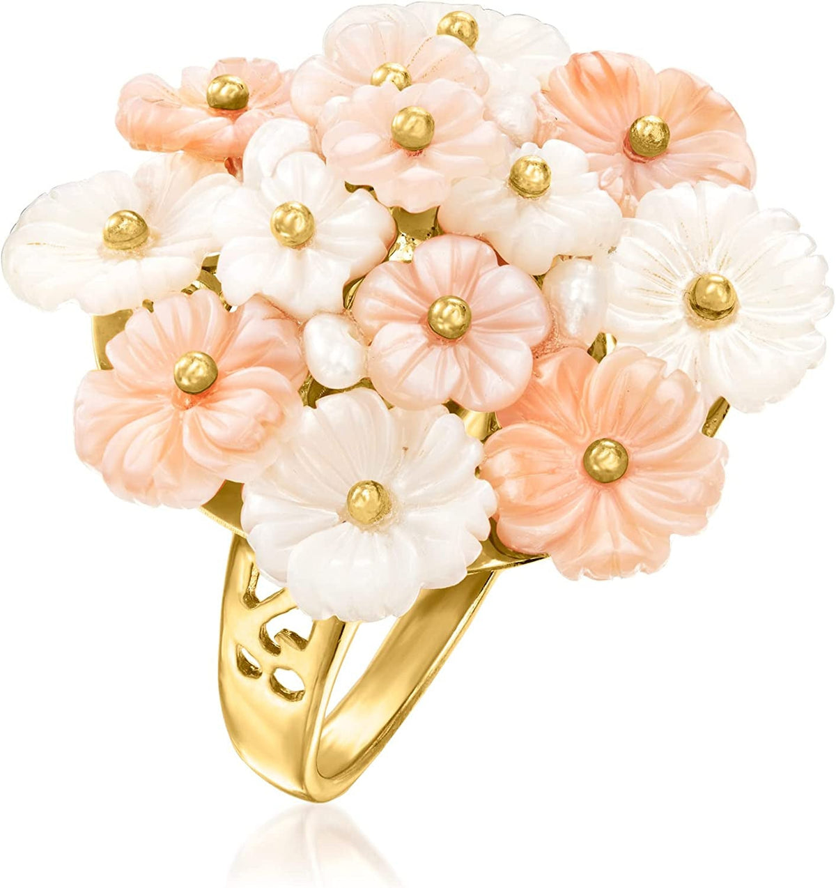 Italian Pink and White Mother-Of-Pearl Flower Ring with Cultured Semi-Baroque Pe