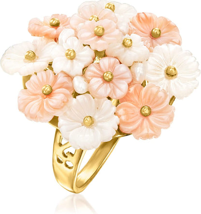 Italian Pink and White Mother-Of-Pearl Flower Ring with Cultured Semi-Baroque Pe