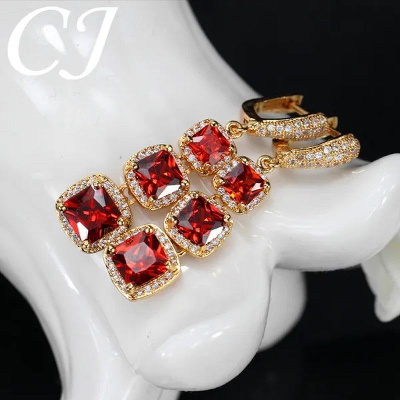 CANDICE Luxury Yellow Gold Plated Drop Earrings Jewelry Square Ruby Red Cubic Zi