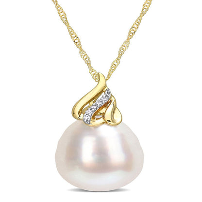 9 -10Mm Drop White South Sea Cultured Pearl & Diamond Accent 14Kt Yellow Gold Cr