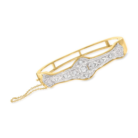 C. 1960 Vintage .65 Ct. T.W. Diamond Filigree Bangle Bracelet in Platinum and 14