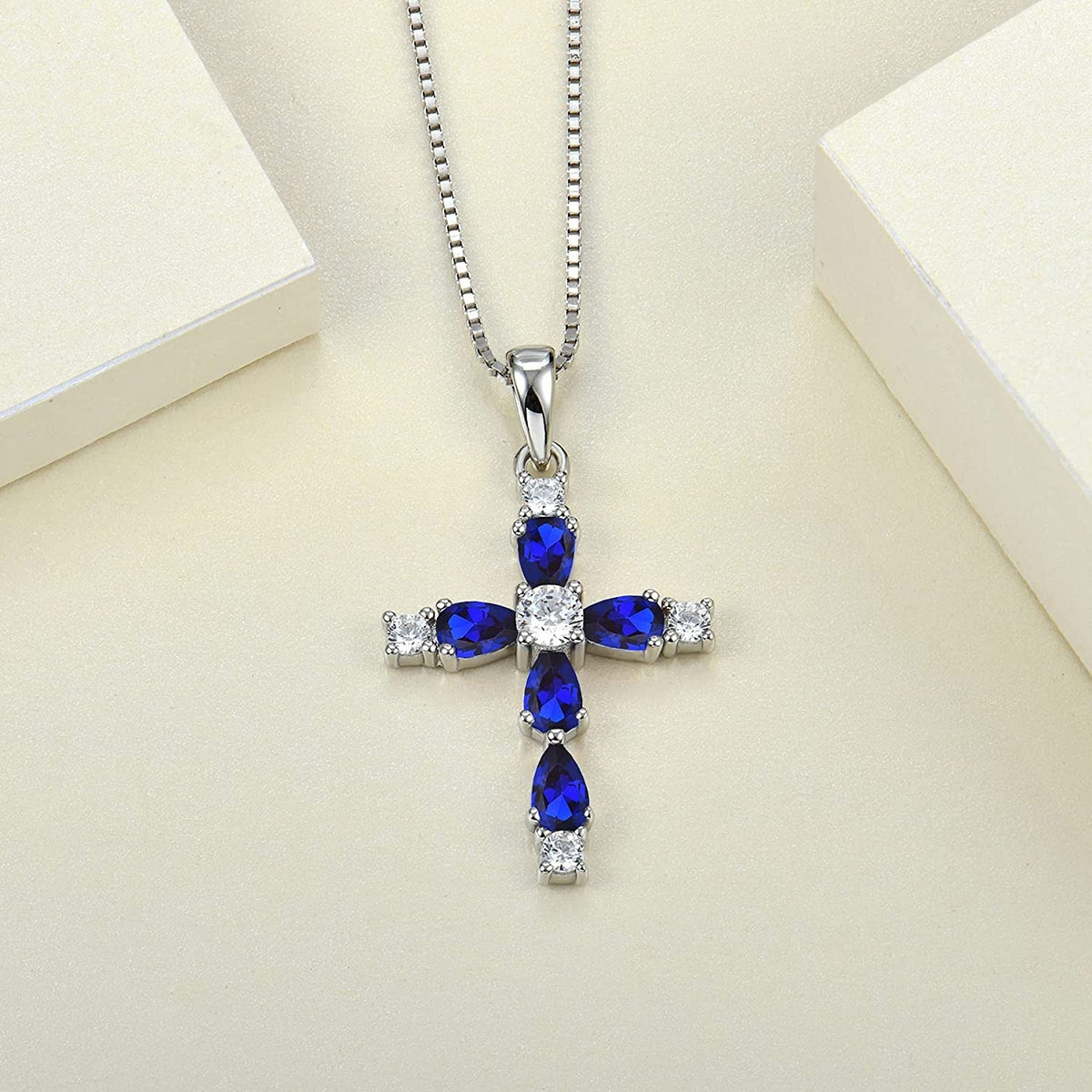 YL Gemstone Cross Necklace 925 Sterling Silver Created Sapphire/Ruby/Emerald/Ame