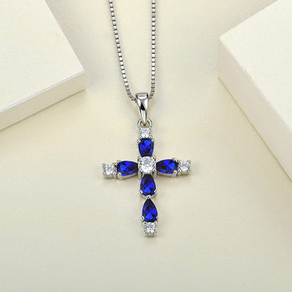 YL Gemstone Cross Necklace 925 Sterling Silver Created Sapphire/Ruby/Emerald/Ame