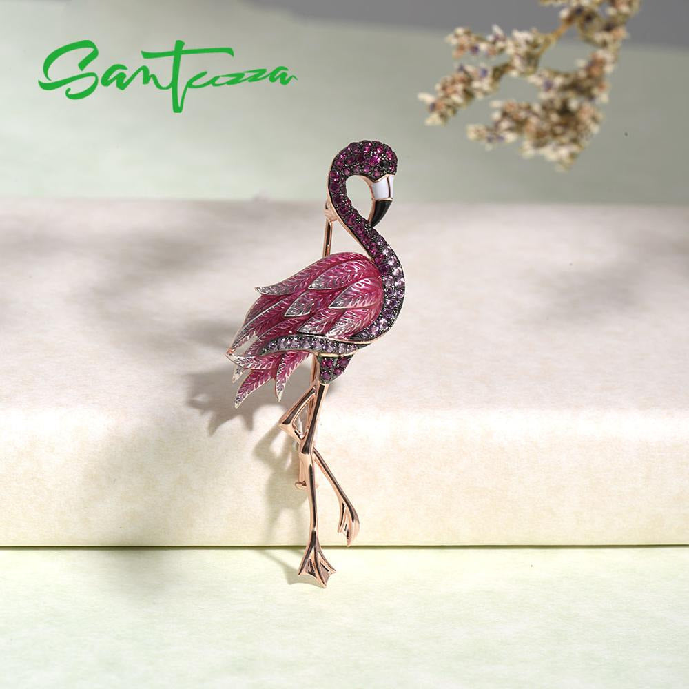 Silver Brooch for Women Pure 925 Sterling Silver Rose Gold Color Flamingo Bird A