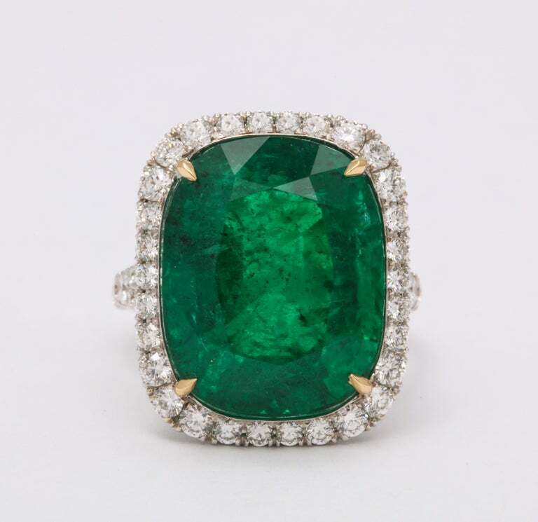 Cushion Cut Vivid Green Emerald and Diamond Ring