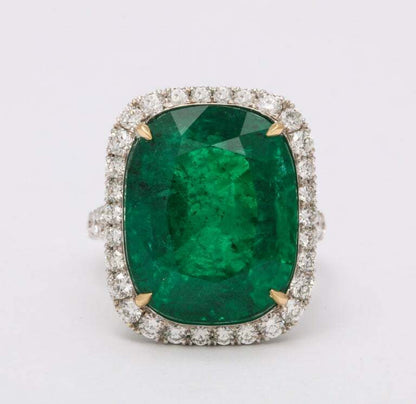 Cushion Cut Vivid Green Emerald and Diamond Ring