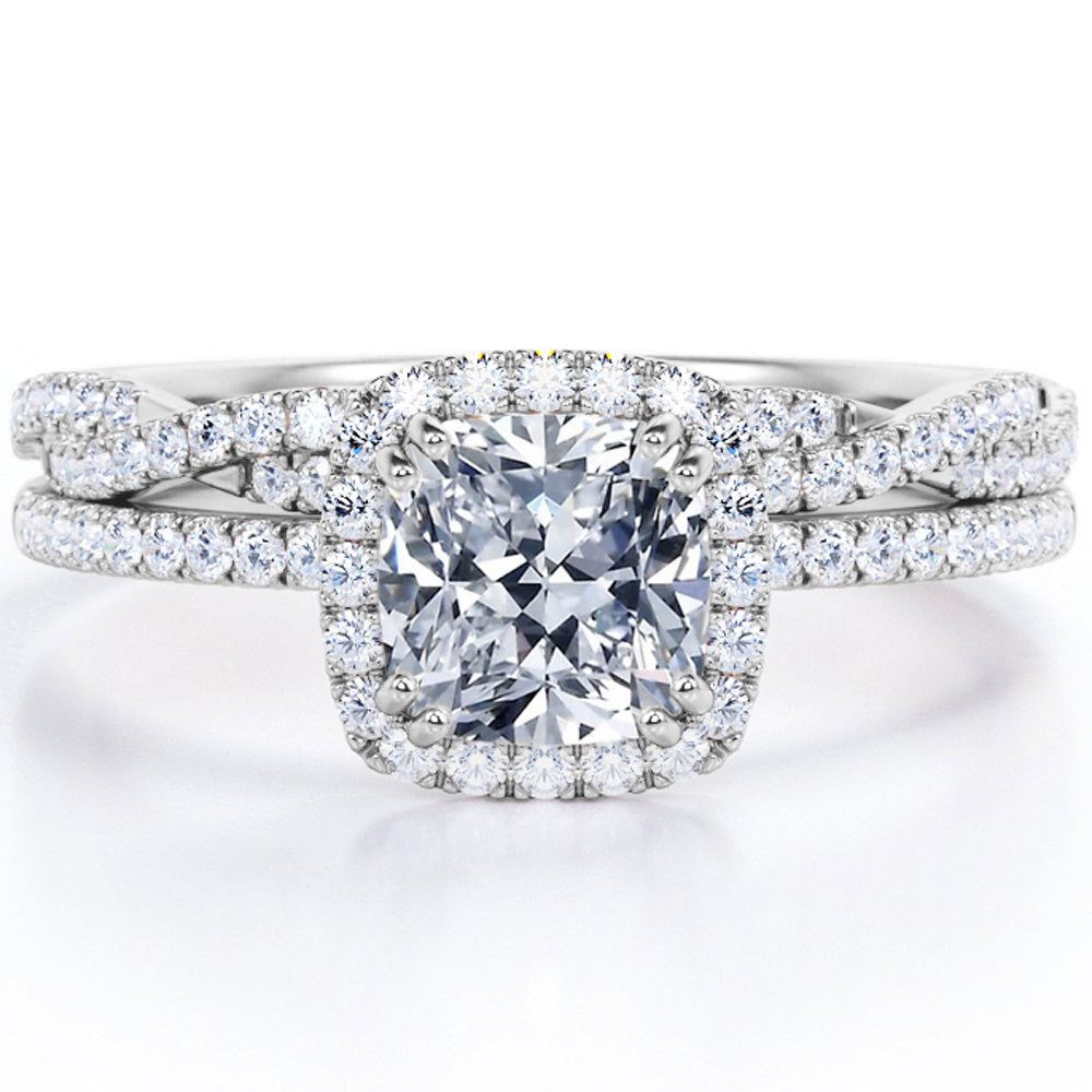 1.5 Carat Cushion Cut Moissanite and Diamond Halo Wedding Ring Set in 10K White