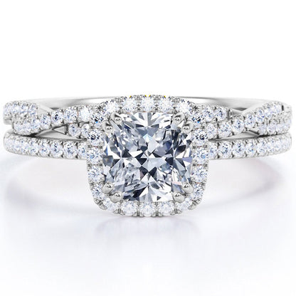 1.5 Carat Cushion Cut Moissanite and Diamond Halo Wedding Ring Set in 10K White