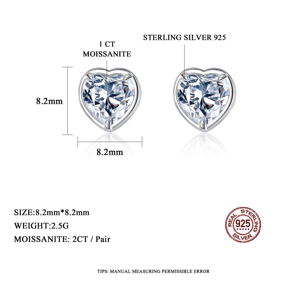 Heart Earrings Stud Luxury 2 Carat Office Lady Moissanite Women Silver Earing An