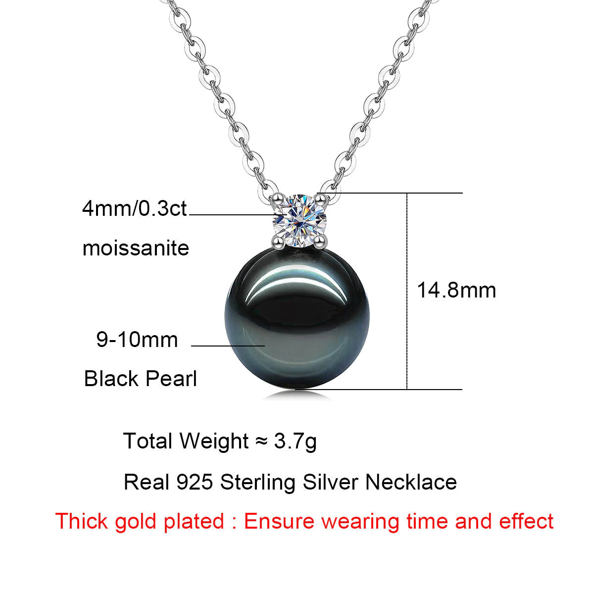 Anujewel 9-10Mm Natural Tahitian Black Pearl 0.3Ct Moissanite Diamond Necklace