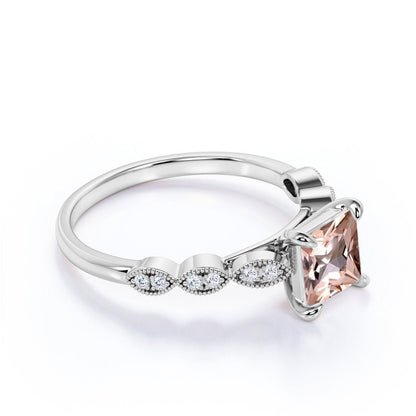 Beautiful 1.25 Carat Princess Cut Created Morganite and Diamond Engagement Ring