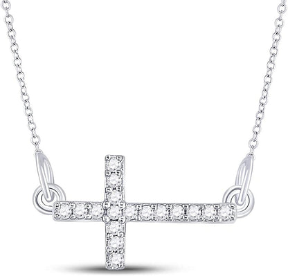 Sterling Silver Womens round Diamond Horizontal Sideways Cross Necklace 1/10 Ctt