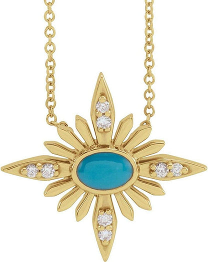 Solid 14K Yellow Gold Solitaire Turquoise and .08 Cttw Diamond Celestial Charm P