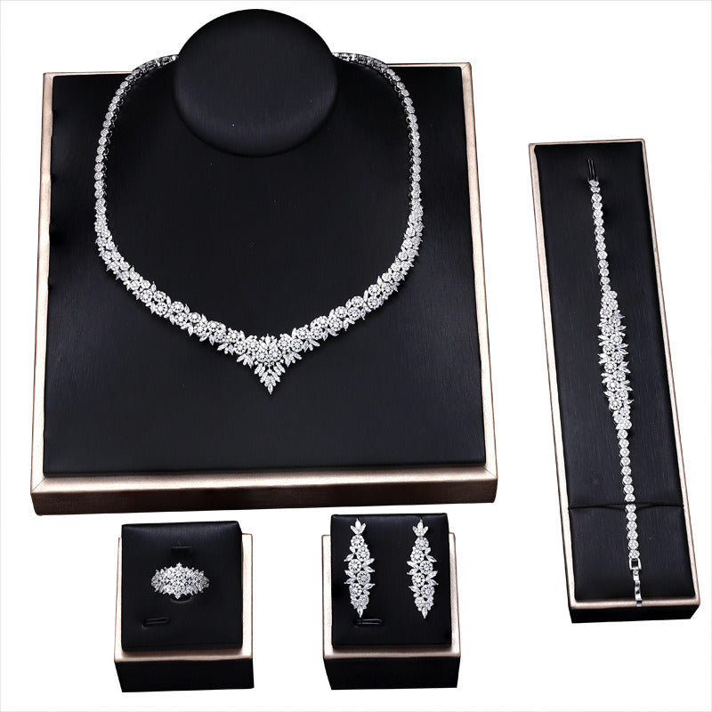 Popular Bridal Copper Zircon Necklace and Earrings Set of 4