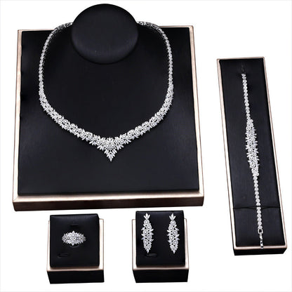 Popular Bridal Copper Zircon Necklace and Earrings Set of 4