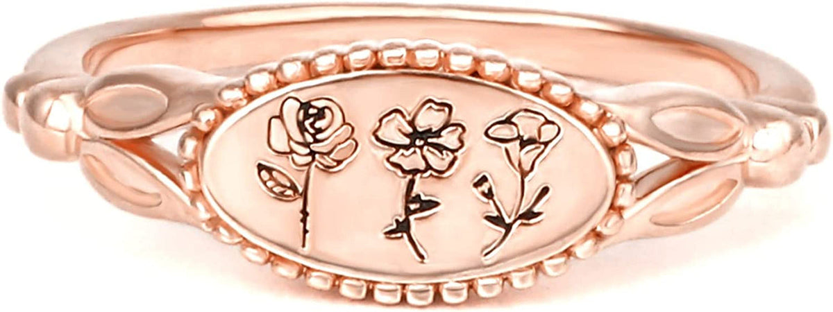 Personalized Custom Vintage Birth Flower Ring Sterling Silver Engrave Month Flow