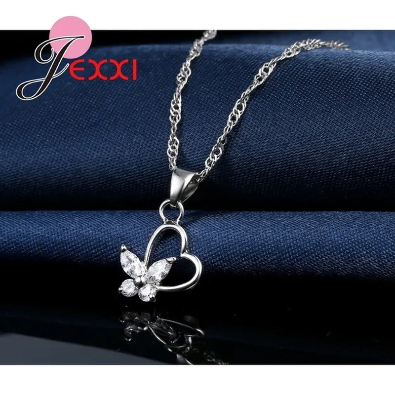 925 Sterling Silver Jewelry Set CZ Diamond Love Heart with Pretty Butterfly Pend