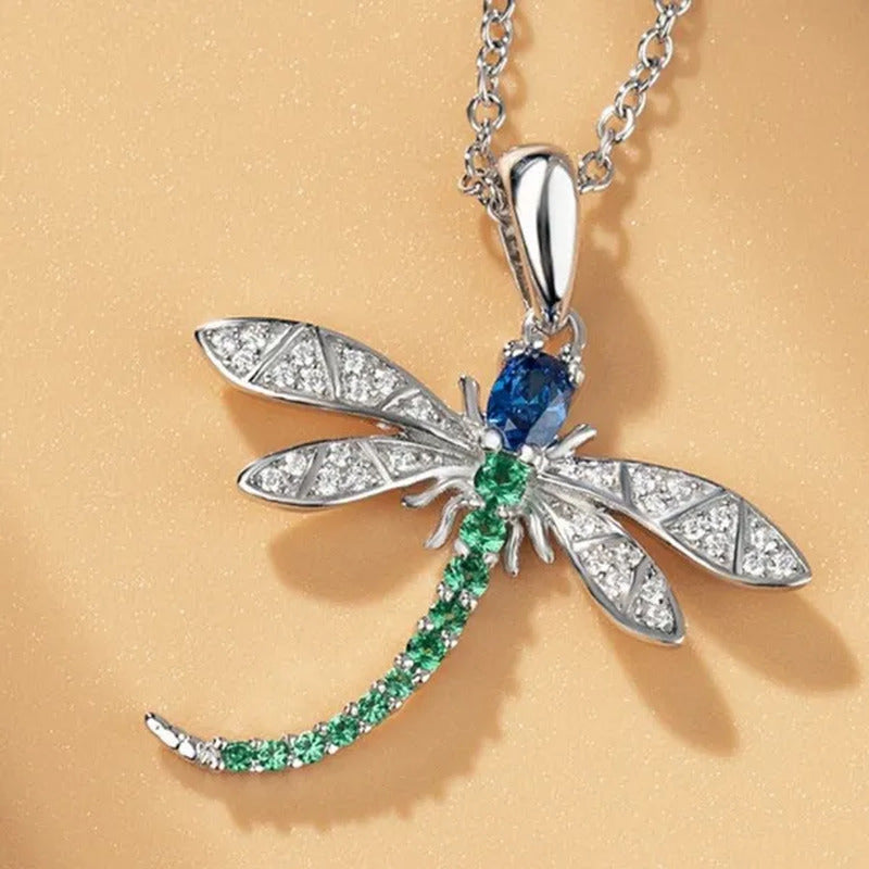 Personality Fashion 925 Sterling Silver Diamond Gemstone Insect Dragonfly Pendan