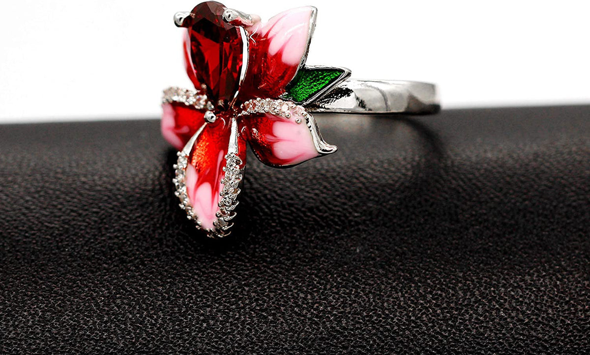 Girl'S Beautiful Red Enamel Rose Ring for Women Blossom Flower Rings with Pear C
