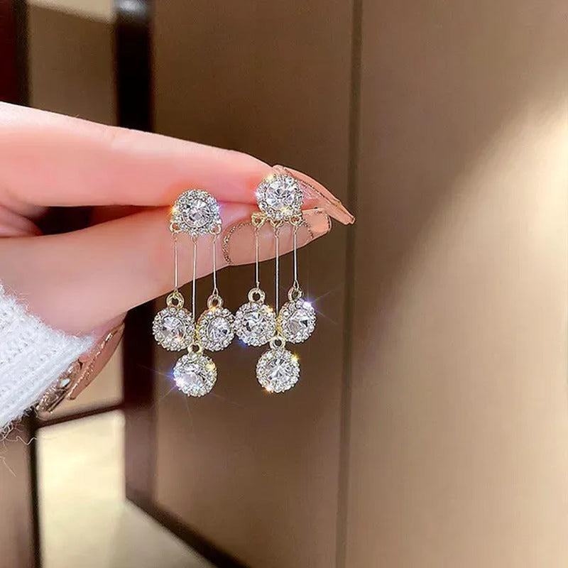 New Luxurious round Rhinestone Tassel Dangle Stud Earrings for Women Shiny Tempe