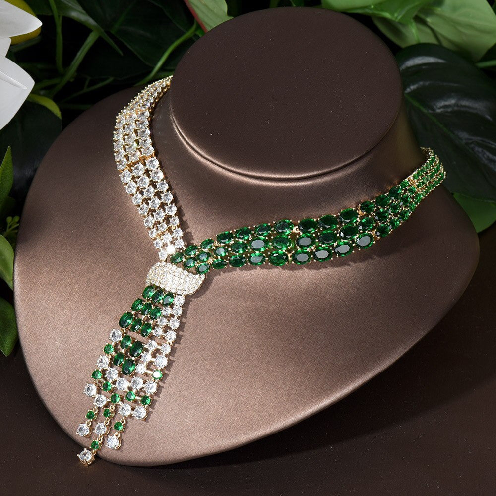 Fashion CZ Big Water Drop Green Color Women Bridal 2PCS Necklace