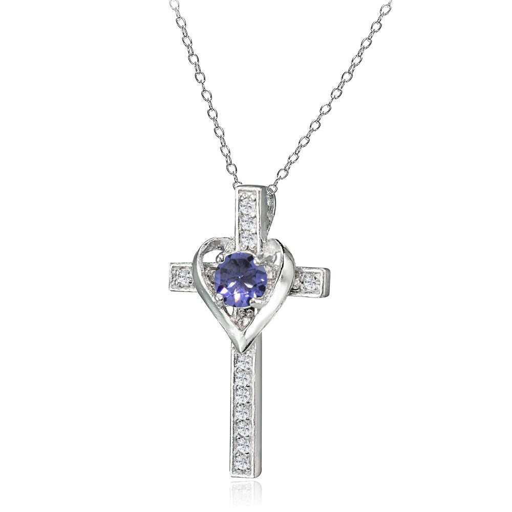 Sterling Silver Tanzanite and White Topaz Heart Cross Birthstone Pendant Necklac
