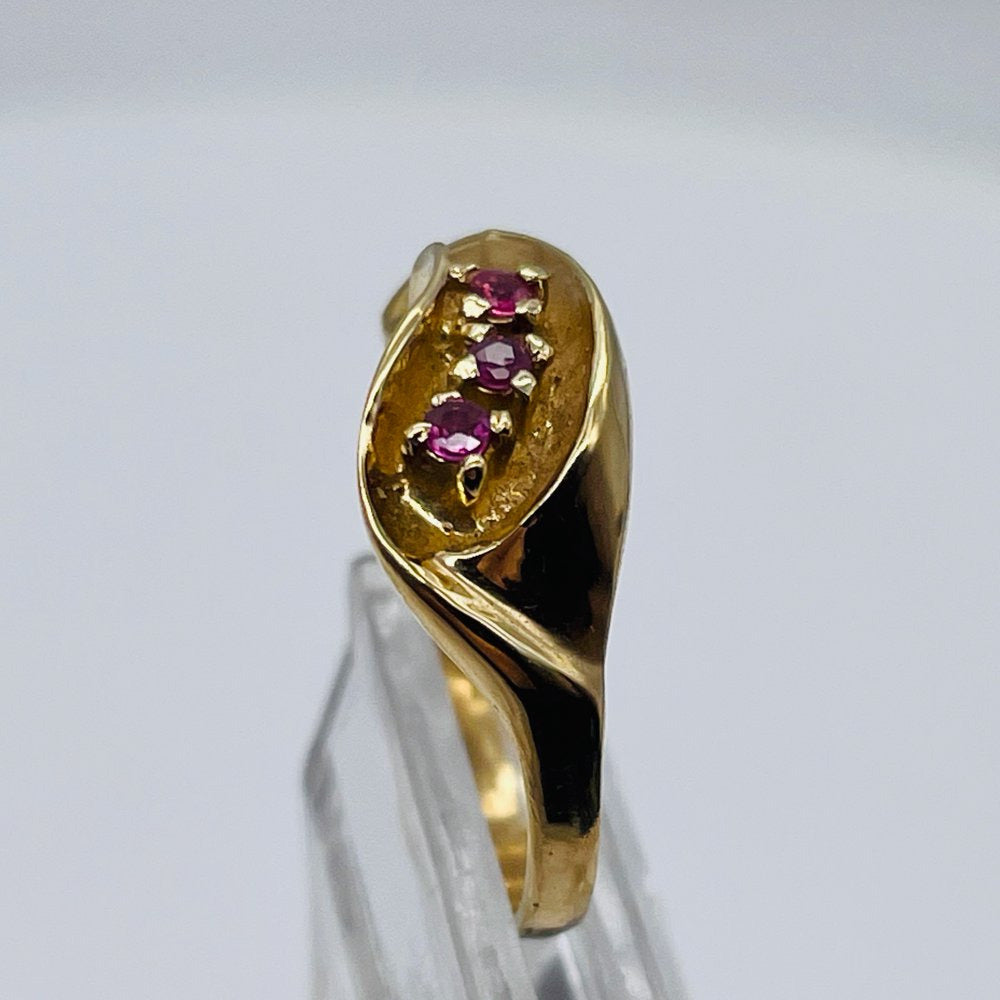 Three Stone Natural Red Ruby in Solid 14K Yellow Gold Ring | Size 6 |