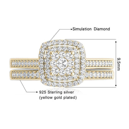2Pcs Engagement Rings for Women Original 925 Sterling Silver Ring Set 14K Gold