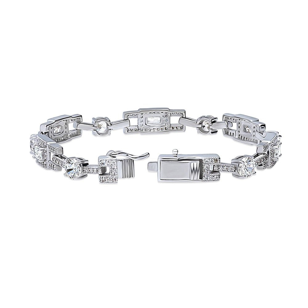 Sterling Silver Cubic Zirconia CZ Fashion Chain Bracelet for Women, Rhodium Plat