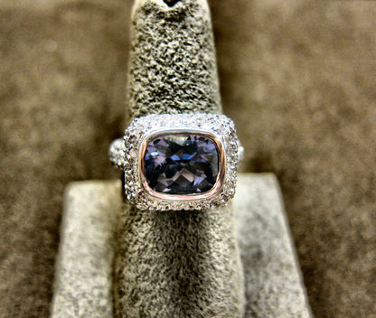 4.60 CT CUSHION IOLITE LIGHT PUPLISH BLUE DIAMOND ROUND BR PAVE SET RING 14 K