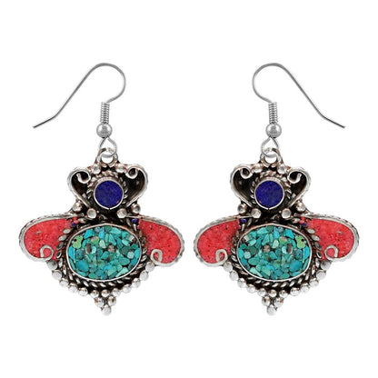 Compressed Turquoise Lapis Lazuli & Coral Inlay Handmade Ethnic Tribal Gypsy Dro