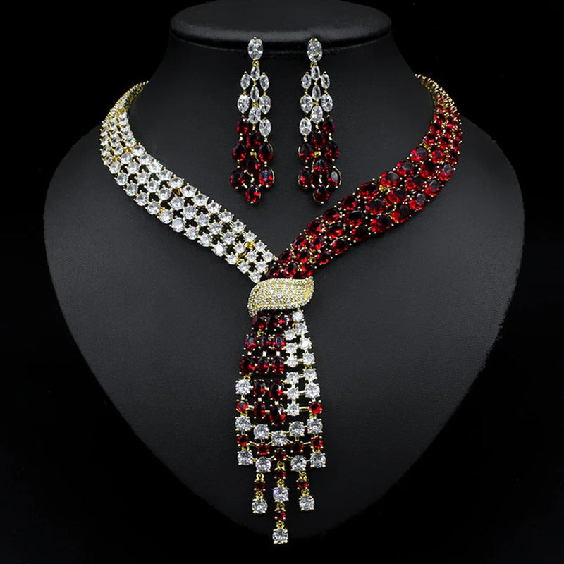 Fashion CZ Big Water Drop Green Color Women Bridal 2PCS Necklace