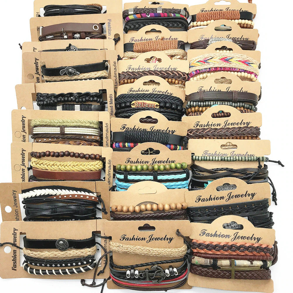 Wholesale 50Sets/Lot Wrap Leather Wood Beads Charm Adjustable Men'S Bracelets
