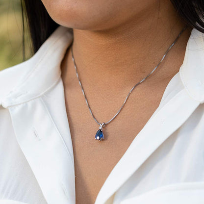 Created Blue Sapphire with Genuine Diamond Pendant for Women 14K White Gold, Ele