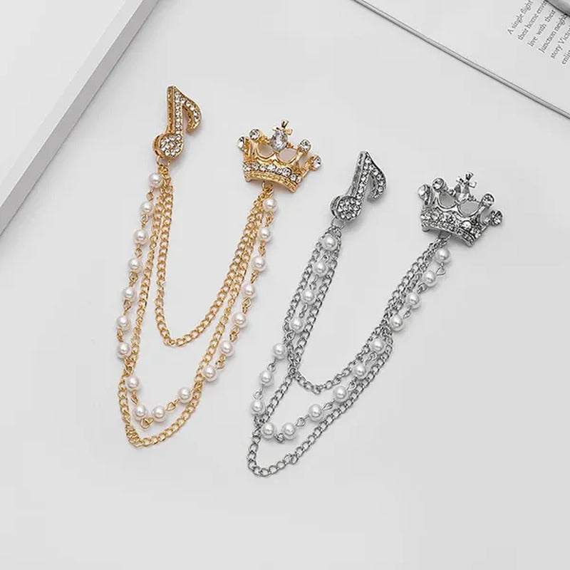 High-End Diamond-Encrusted Crown Note Pearl Tassel Brooch British Suit Pin Colla