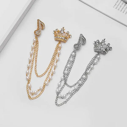 High-End Diamond-Encrusted Crown Note Pearl Tassel Brooch British Suit Pin Colla