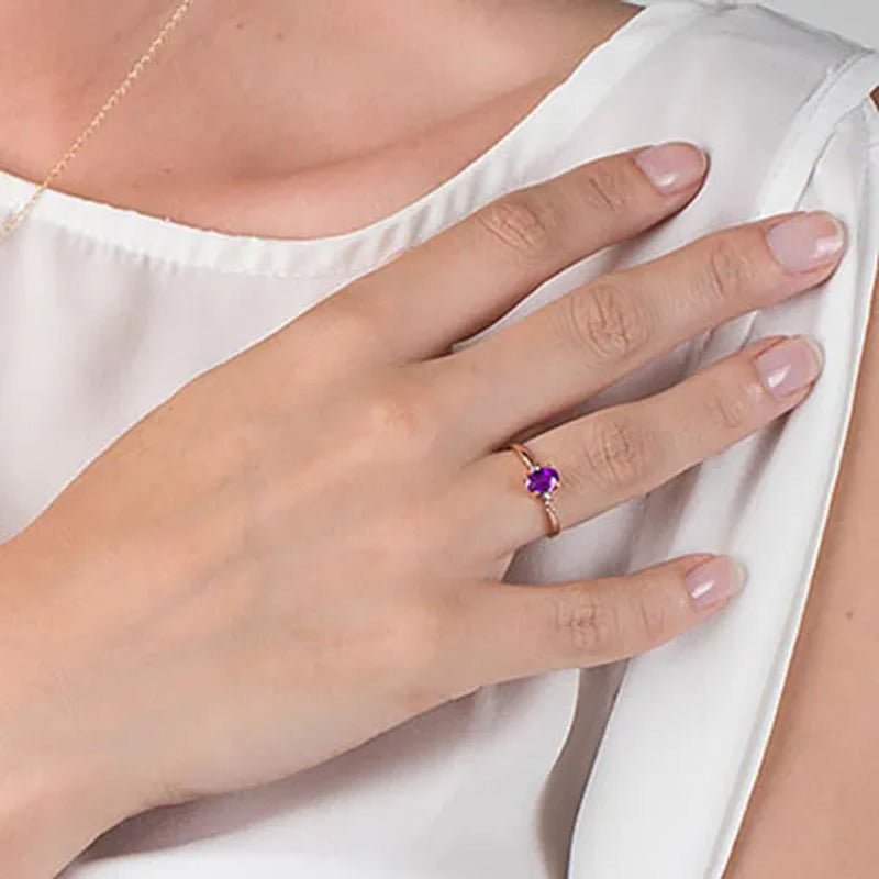 14K Solid Rose Gold Ring with with Natural Diamonds and Oval-Shaped Amethyst