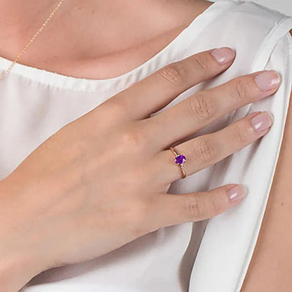 14K Solid Rose Gold Ring with with Natural Diamonds and Oval-Shaped Amethyst