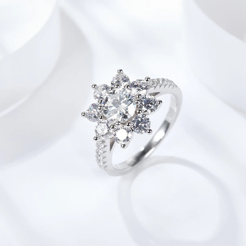 Sun Flower 1 Carat 6.5Mm Real Moissanite Diamond Lotus Rings Women Fancy