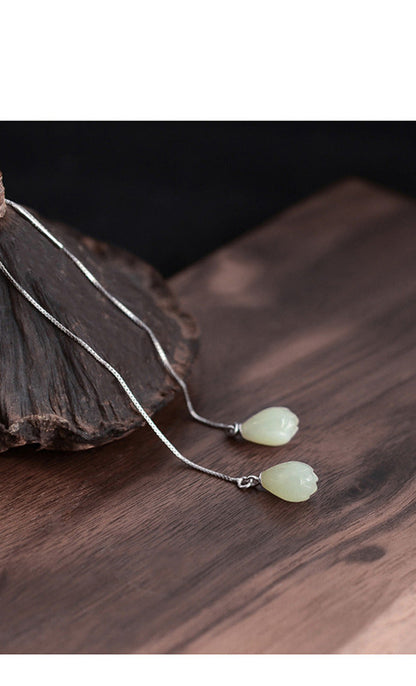 S925 Sterling White Fungus Line Female Hetian Jade Retro Style Earrings Lotus Fl