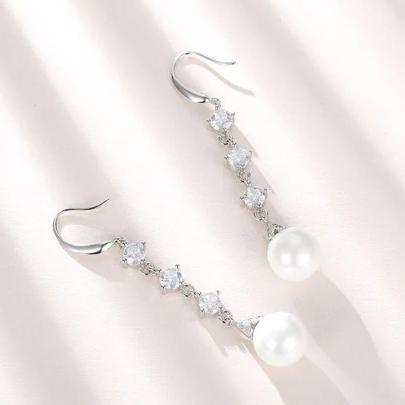 High Quality Temperament White Pearl Eardrop Earrings 925 Sterling Silver Long E