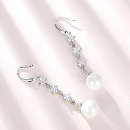 High Quality Temperament White Pearl Eardrop Earrings 925 Sterling Silver Long E