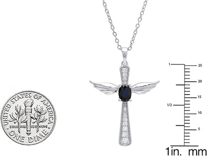 6X4 MM Oval Gemstone & round Diamond Angel Cross Pendant (Silver Chain Included)