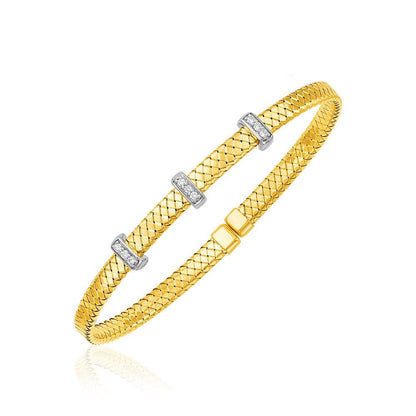14K Two Tone Gold Narrow Basket Weave Bangle Diamonds Weight 8.5 Grams