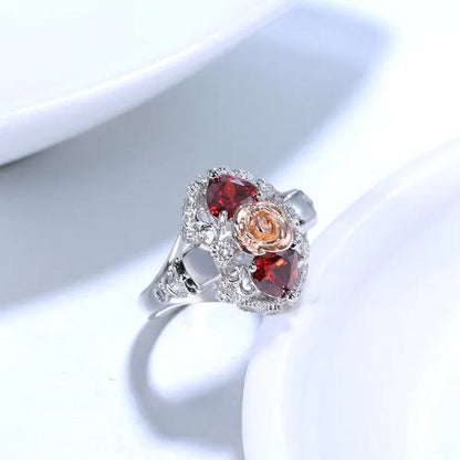 Rose Skull Ring Heart-Shaped Red Zircon Punk Ring Fashion Jewelry