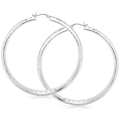 - Silver Dipped 60Mm Hammered Brushed Fashion Click Top Hoop Earrings