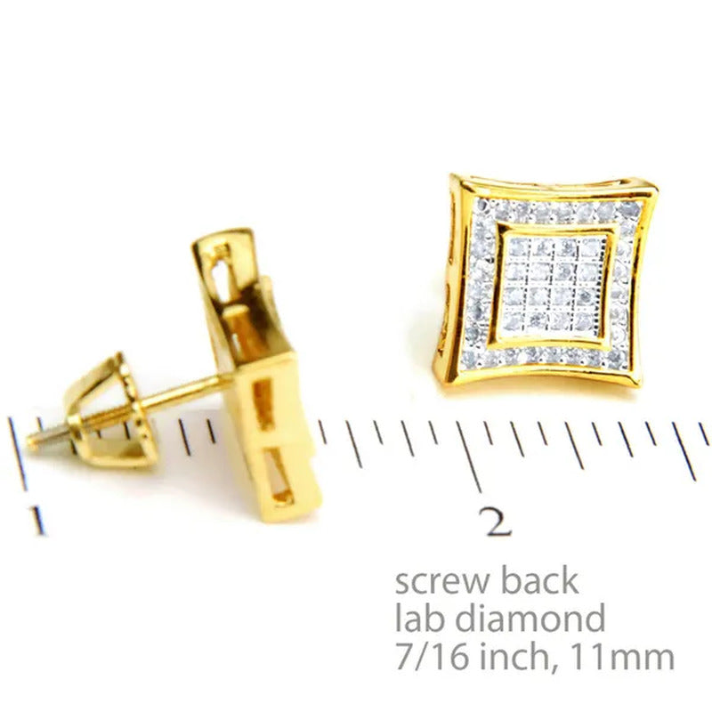 Hip Hop Iced Micro Pave LAB DIAMOND CZ Setting Earring Men'S 14K Gold Plated Squ
