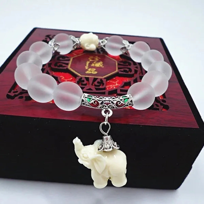 Elephant Frosted White Quartz Crystal Bead Bracelet Buddhism Elephant Pendant